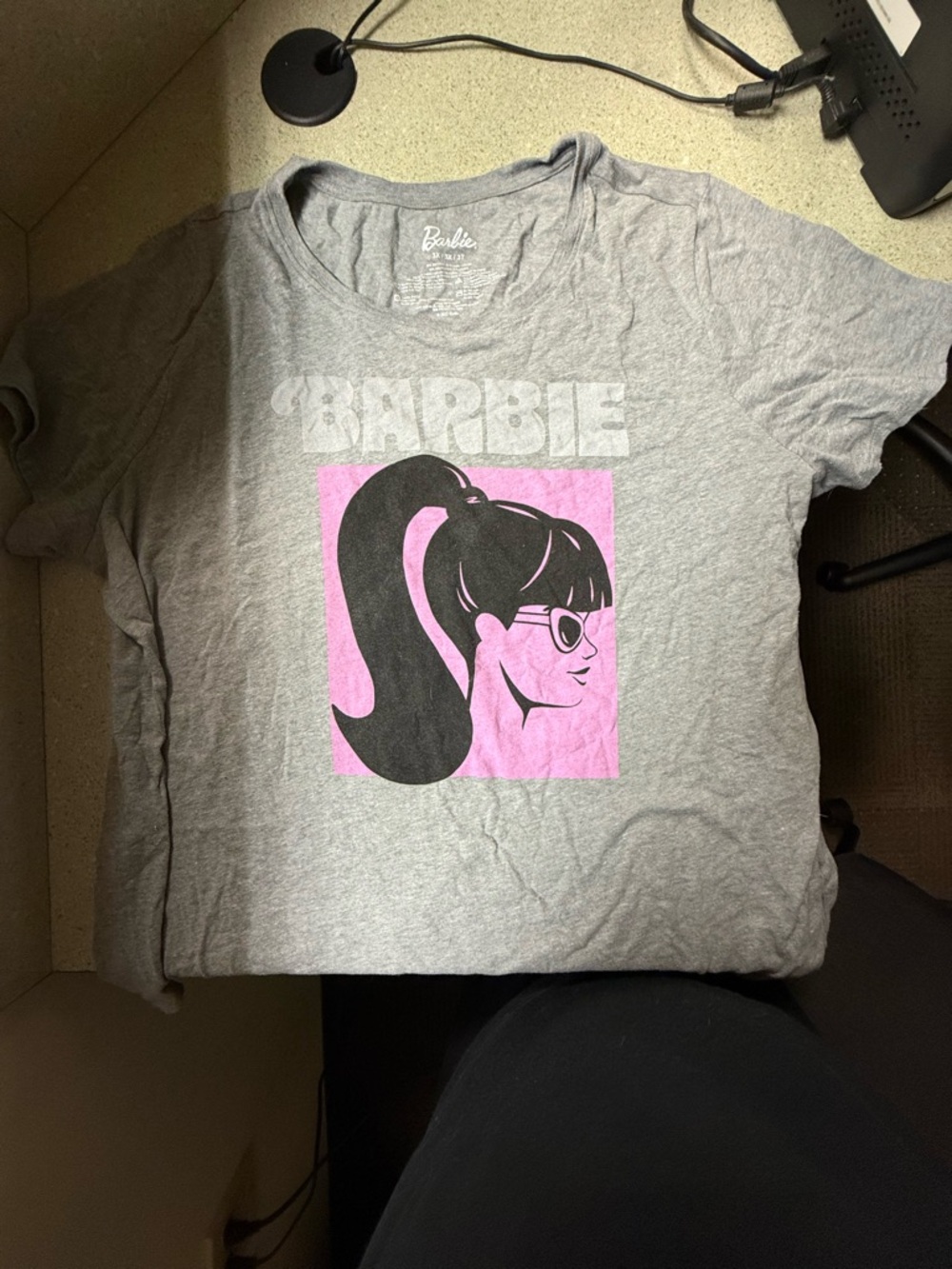 Barbie Gray Tee with Pink Square and Black Graphic